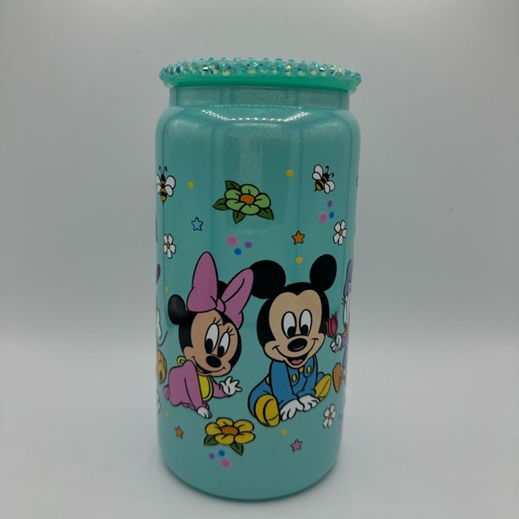 BABY MICKEY & FRIENDS 16oz shimmer LIBBEY glass cup w/ rhinestone lid and straw - Picture 1 of 4